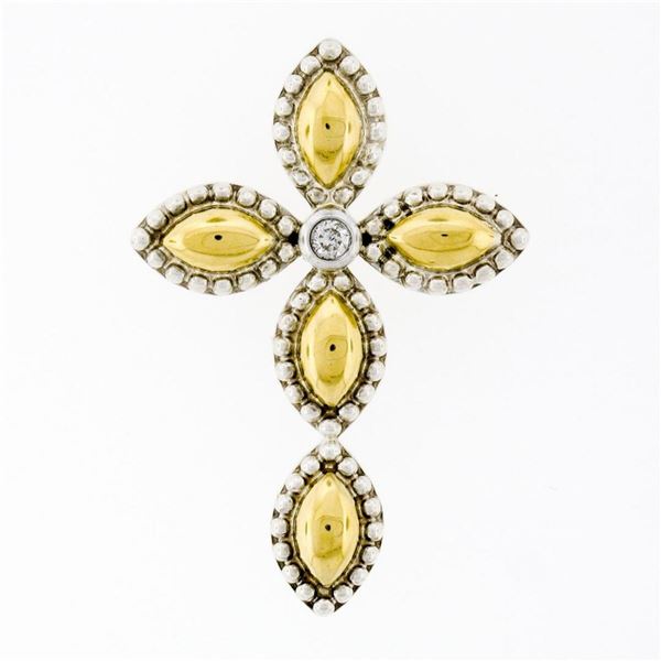 18K Gold Silver Bead Work Marquise Cross Pendant & Bezel Diamond