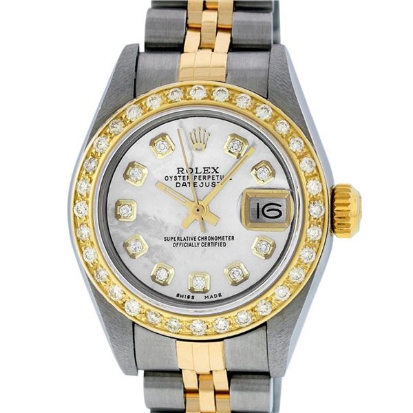 Rolex Ladies Quickset 2 Tone Mother Of Pearl Diamond Oyster Perpetual Datejust W