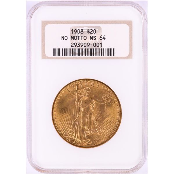 1908 No Motto $20 St. Gaudens Double Eagle Gold Coin NGC MS64