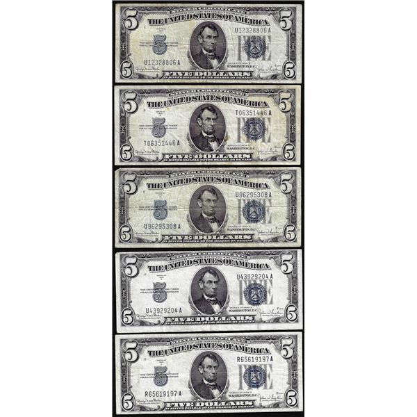 Lot of (5) 1934D $5 Silver Certificate Notes