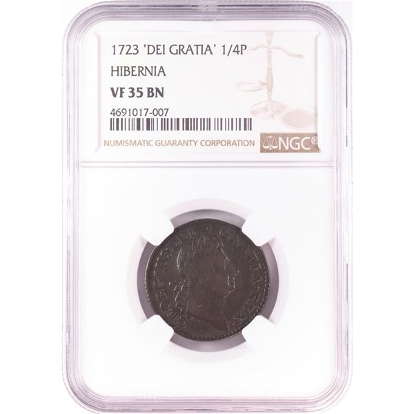 1723 'Dei Gratia' 1/4P Hibernia Coin NGC VF35 BN