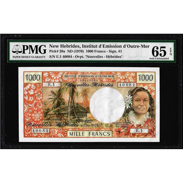 1970 New Hebrides Institut D Emission D Outre-Mer 1000 Francs Note Pick# 20a PMG Gem Uncirculated 65