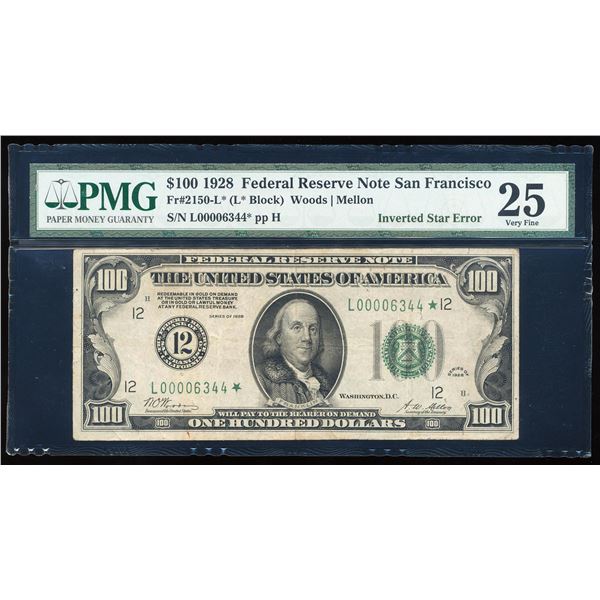 1928 $100 Federal Reserve STAR Note Inverted Star ERROR PMG Very Fine 25