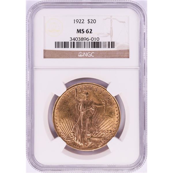 1922 $20 St. Gaudens Double Eagle Gold Coin NGC MS62