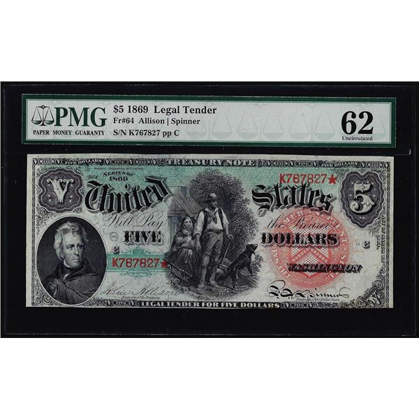 1869 $5 Rainbow Woodchopper Legal Tender Note Fr.64 PMG Choice Uncirculated 62