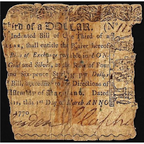 March 1, 1770 $1/3 Maryland Colonial Currency Note