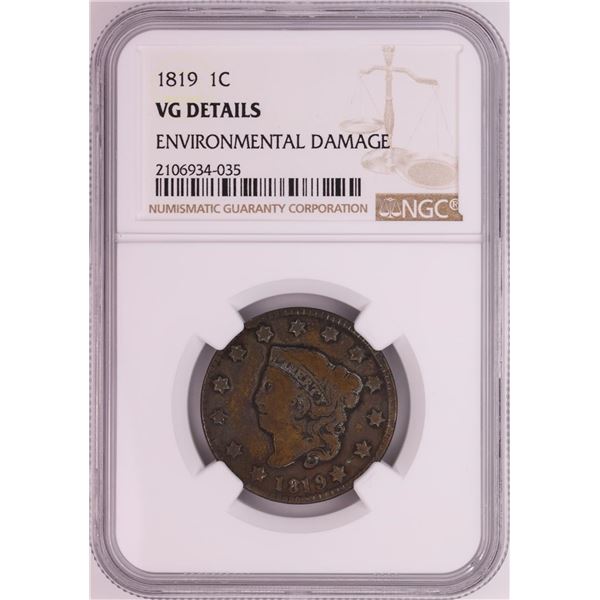 1819 Coronet Head Large Cent Coin NGC VG Details