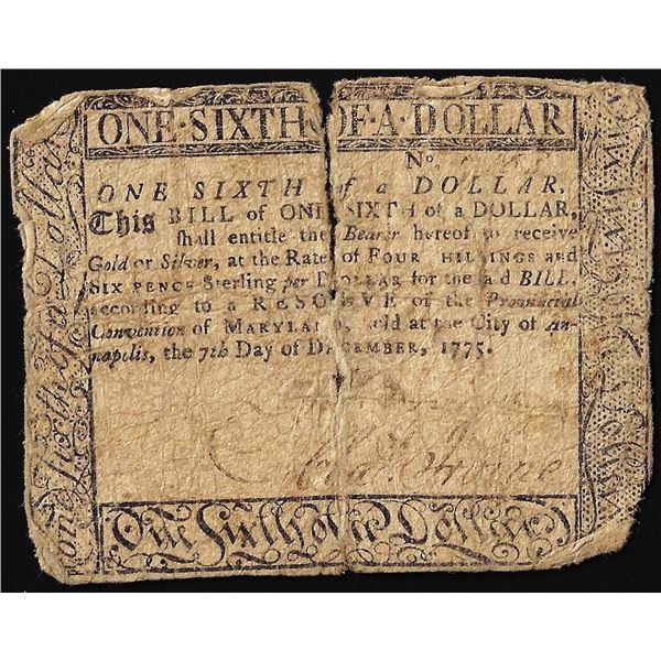 December 7, 1776 Maryland $1/6 Colonial Currency Note