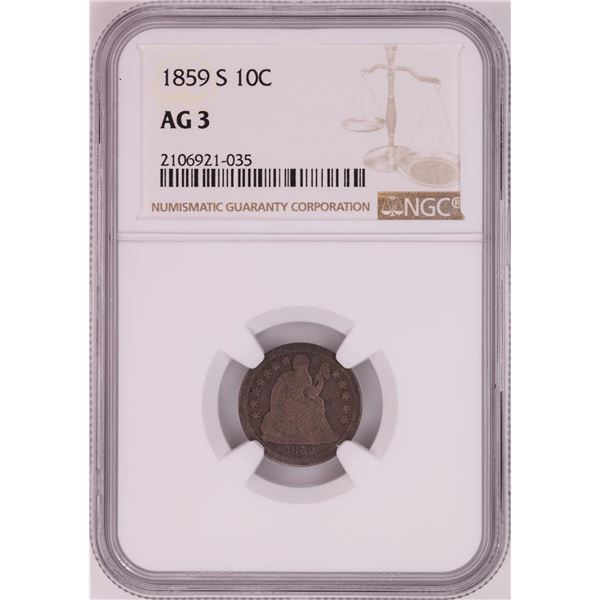 1859-S Seated Liberty Dime Coin NGC AG3