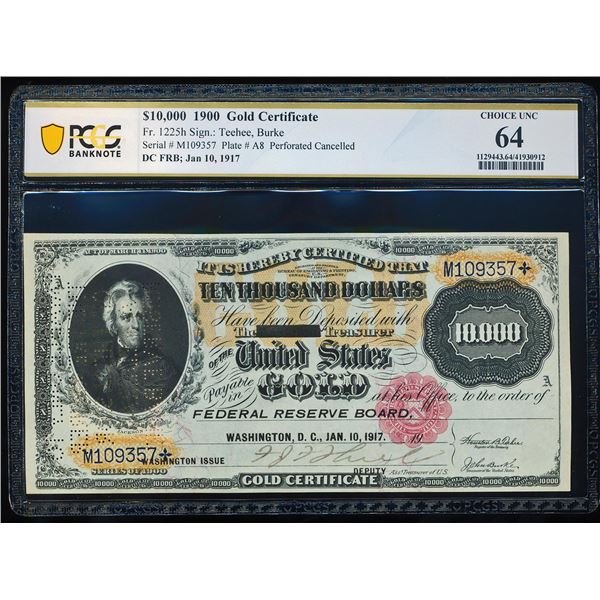 1900 $10,000 Gold Certificate Note Fr.1225h PCGS Choice Uncirculated 64