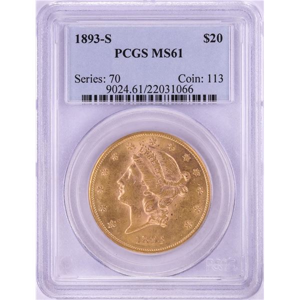 1893-S $20 Liberty Head Double Eagle Gold Coin PCGS MS61