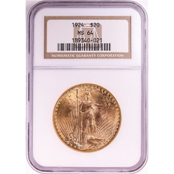 1924 $20 St. Gaudens Double Eagle Gold Coin NGC MS64
