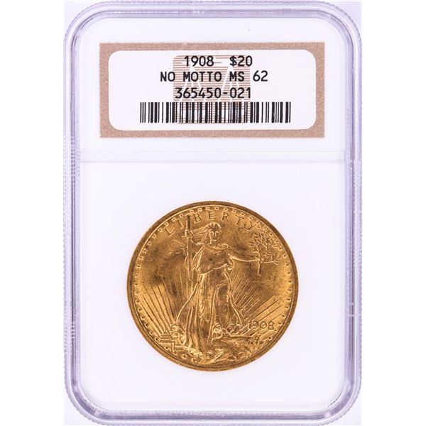 1908 No Motto $20 St. Gaudens Double Eagle Gold Coin NGC MS62
