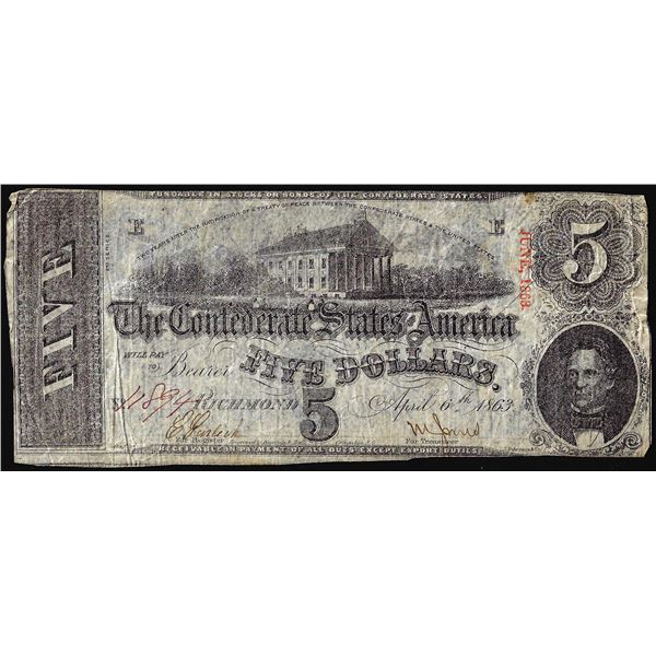 1863 $5 Confederate States of America Note