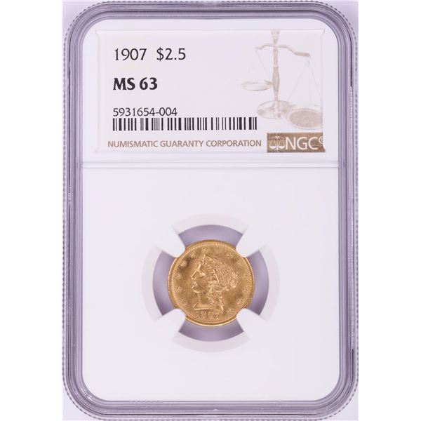 1907 $2 1/2 Liberty Head Quarter Eagle Gold Coin NGC MS63