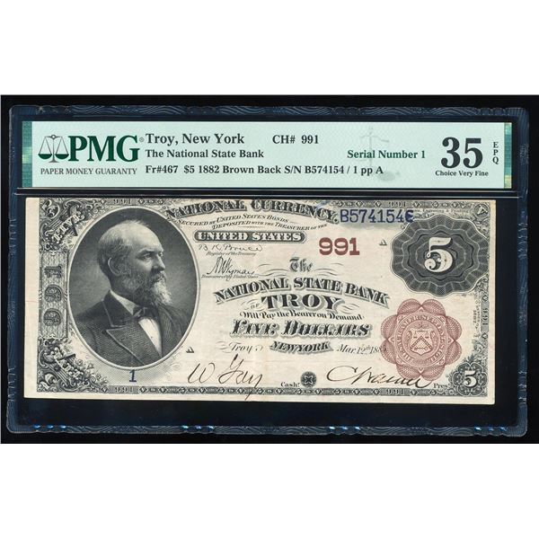Serial # 1 - 1882BB $5 Troy, NY CH# 991 National Note CH# 991 PMG Ch. Very Fine 35EPQ