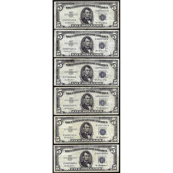 Lot of (6) 1953 & 1953A $5 Silver Certificate Notes