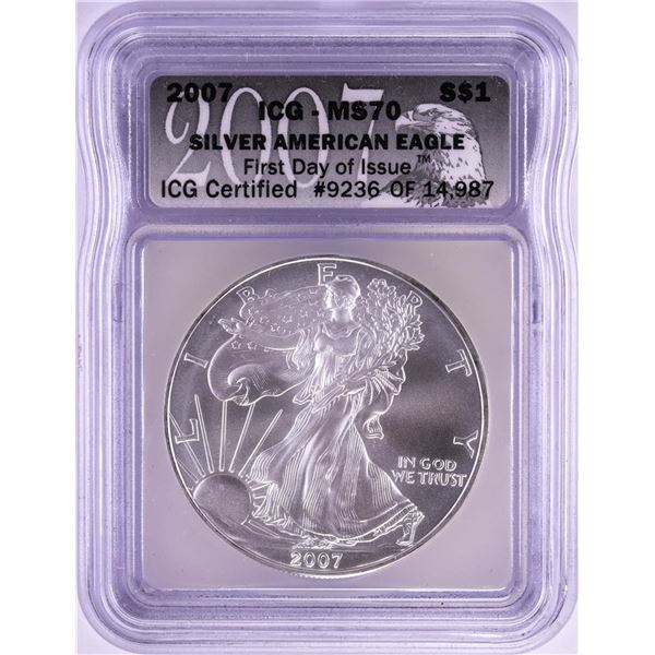 2007 $1 American Silver Eagle Coin ICG MS70 First Day of Issue
