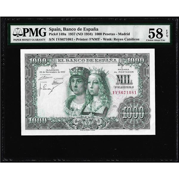 1950's Spain Banco de Espana 1,000 Pesetas Note Pick# 149a PMG Choice About UNC 58EPQ