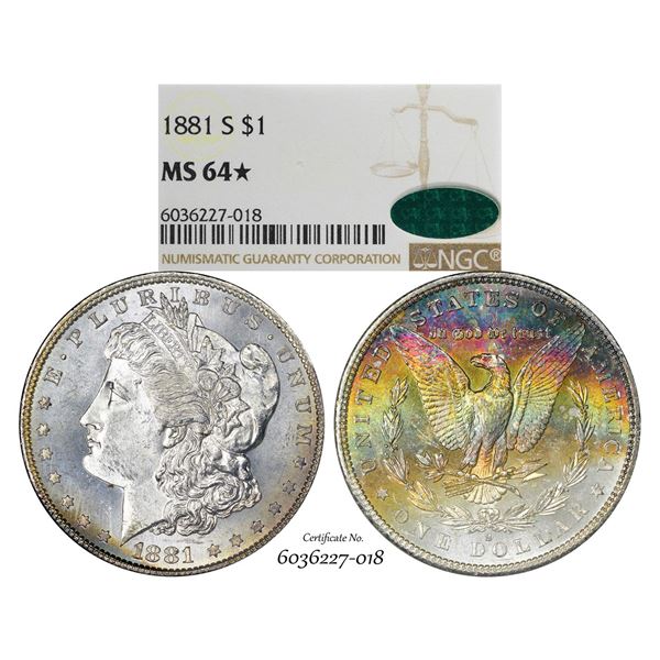 1881-S $1 Morgan Silver Dollar Coin NGC MS64* Star CAC Amazing Toning