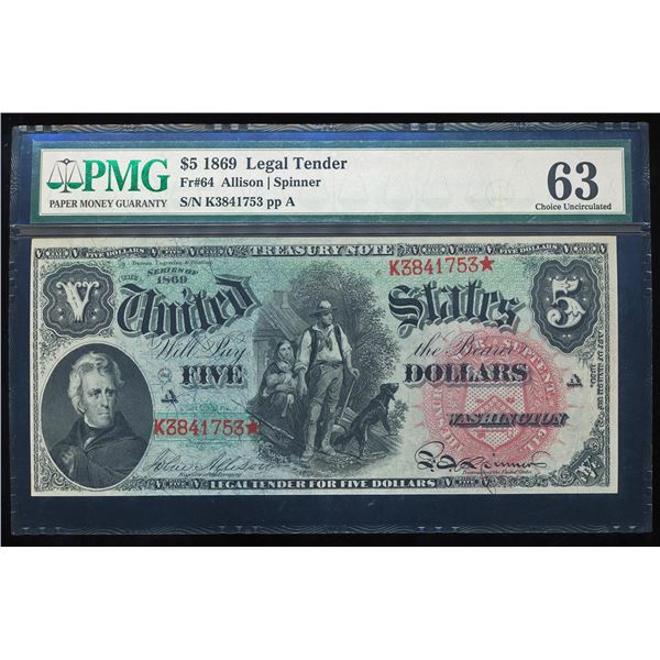 1869 $5 Rainbow Legal Tender Note Fr.64 PMG Choice Uncirculated 63