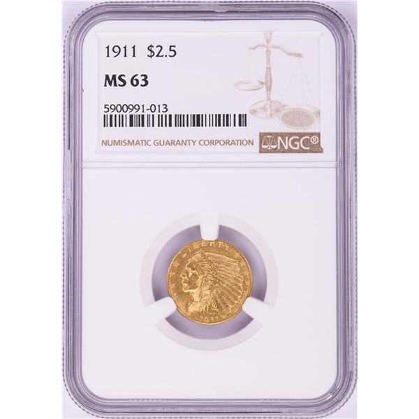 1911 $2 1/2 Indian Head Quarter Eagle Gold Coin NGC MS63