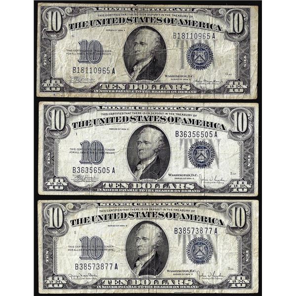 Lot of (3) 1934 $10 Silver Certificate Notes