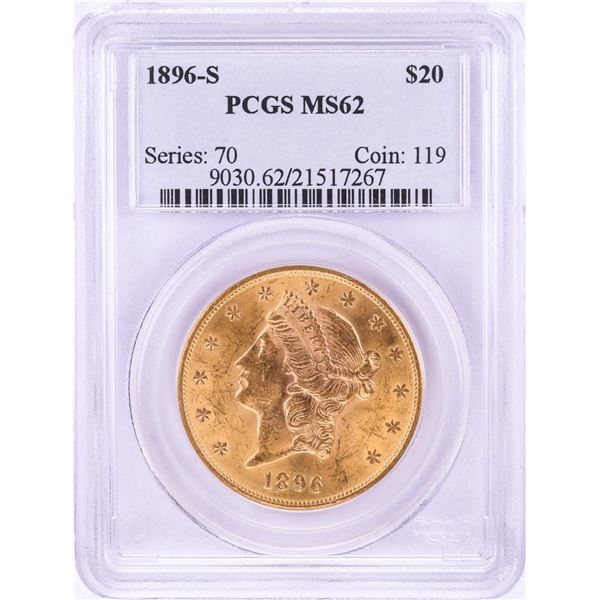 1896-S $20 Liberty Head Double Eagle Gold Coin PCGS MS62