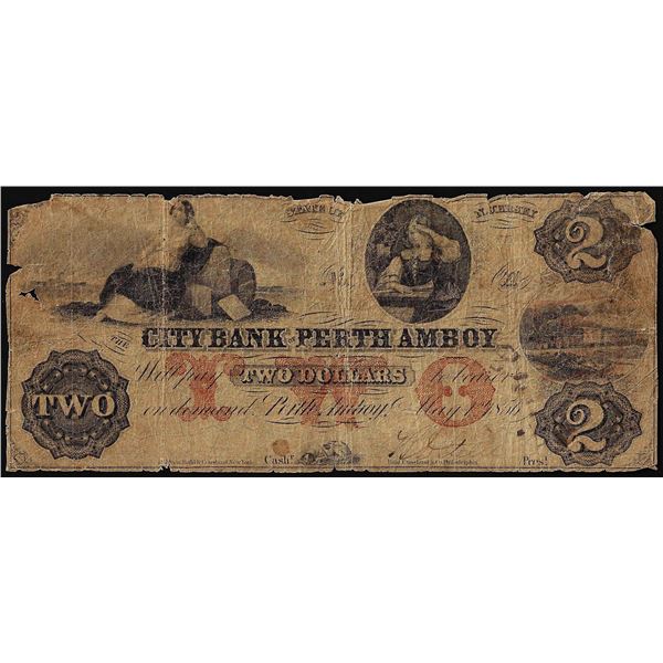 1856 $2 City Bank of Perth Amboy, New Jersey Obsolete Note