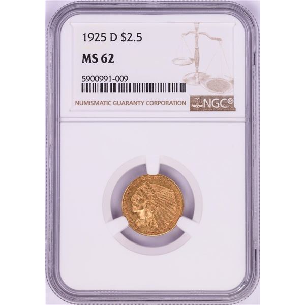1925-D $2 1/2 Indian Head Quarter Eagle Gold Coin NGC MS62
