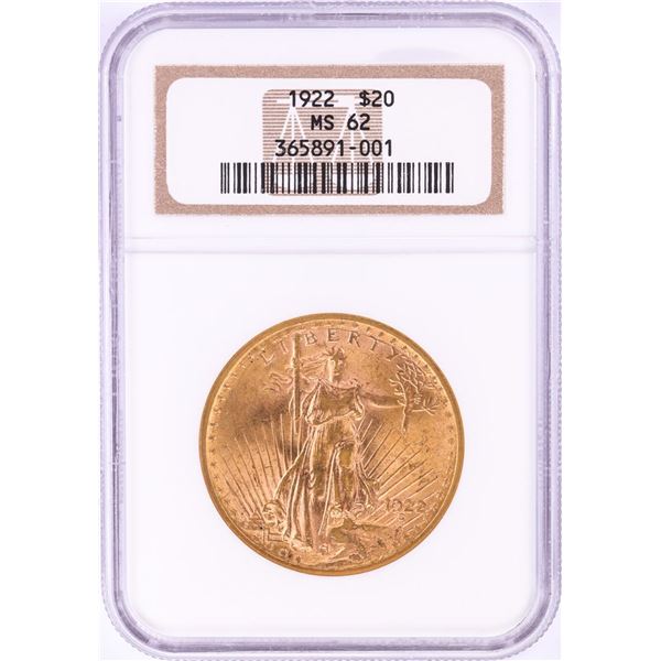 1922 $20 St. Gaudens Double Eagle Gold Coin NGC MS62