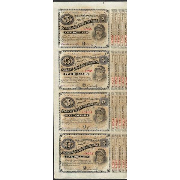 Uncut Sheet of (4) State of Louisiana Baby Bond Obsolete Notes