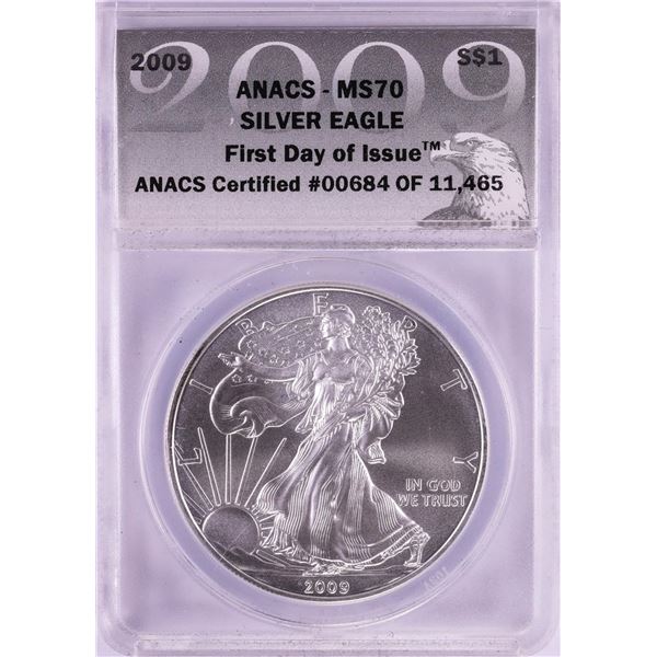 2009 $1 American Silver Eagle Coin ANACS MS70 First Day of Issue