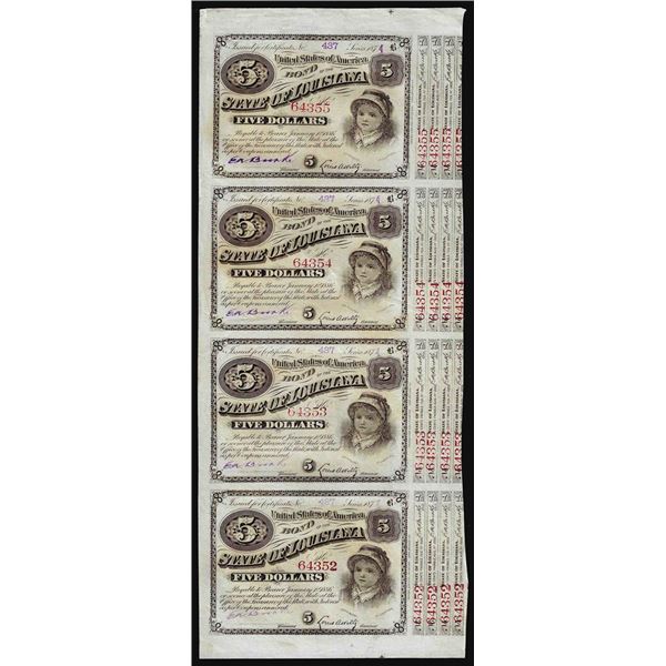 Uncut Sheet of (4) State of Louisiana Baby Bond Obsolete Notes