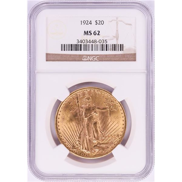 1924 $20 St. Gaudens Double Eagle Gold Coin NGC MS62
