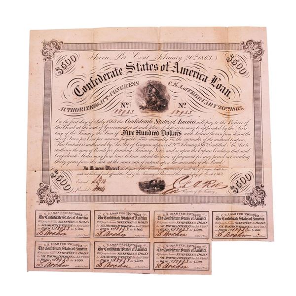1863 $500 Confederate Bond Obsolete Sheet Printed on Pink Paper B-221