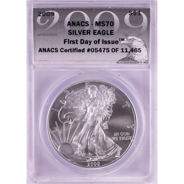 2009 $1 American Silver Eagle Coin ANACS MS70 First Day of Issue