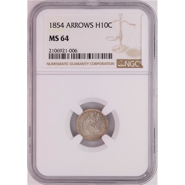 1854 Arrows Seated Liberty Half Dime Coin NGC MS64
