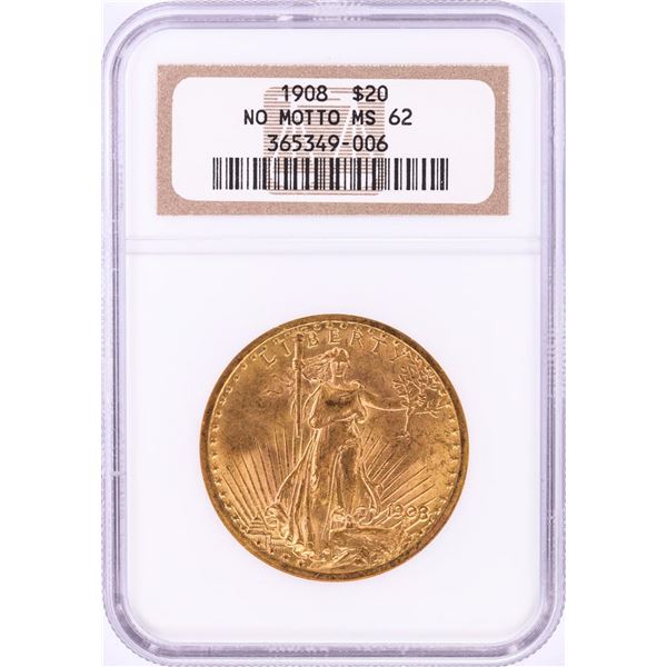 1908 No Motto $20 St. Gaudens Double Eagle Gold Coin NGC MS62
