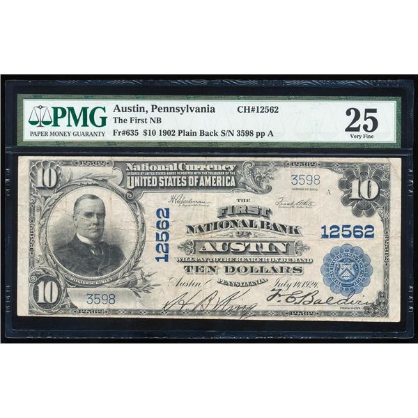 1902PB $10 First NB of Austin, PA CH# 12562 National Bank Note PMG Very Fine 25