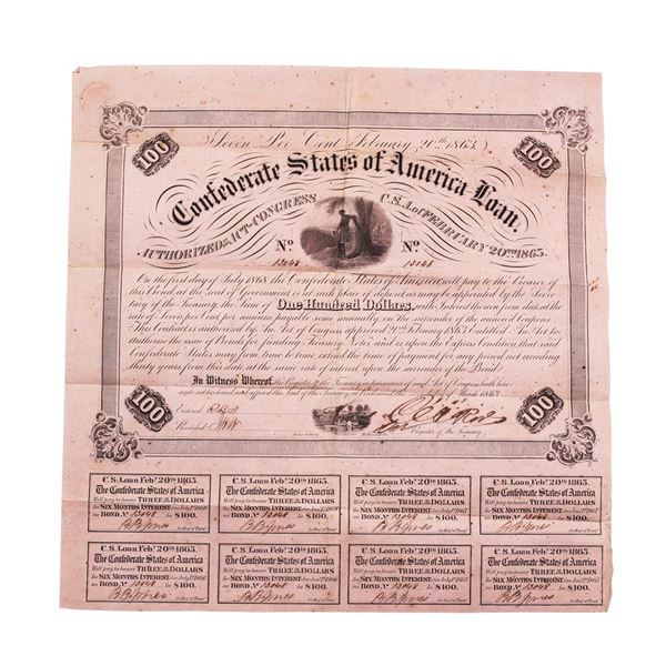 1863 $100 Confederate Bond Obsolete Sheet B-212