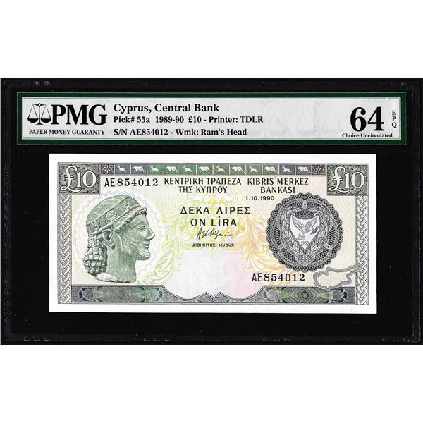 1989-90 Cyprus Central Bank 10 Pounds Note Pick# 55a PMG Choice Uncirculated 64EPQ