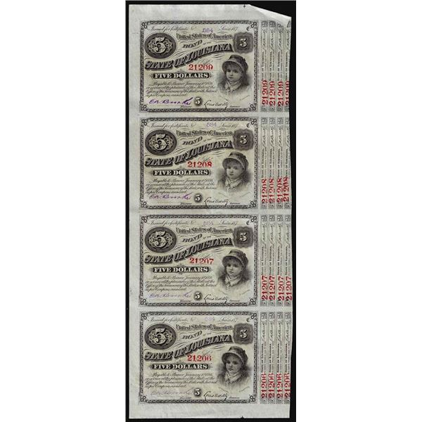 Uncut Sheet of (4) State of Louisiana Baby Bond Obsolete Notes