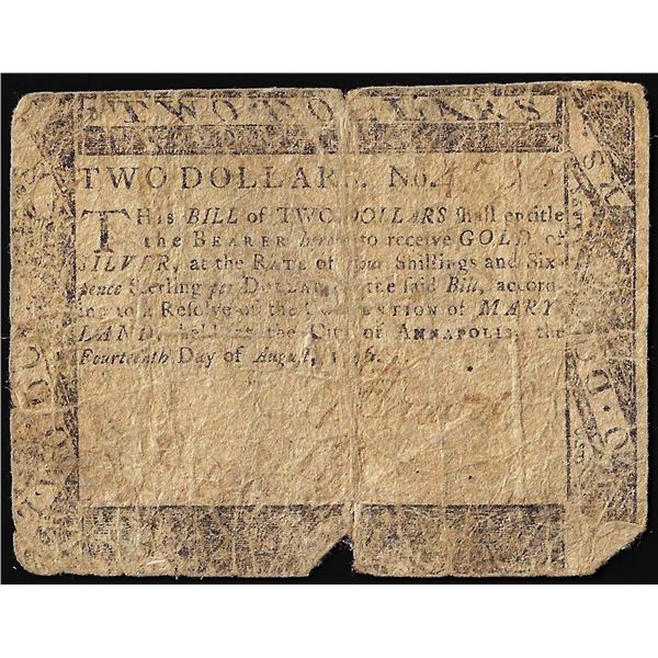 August 14, 1776 $2 Maryland Colonial Currency Note