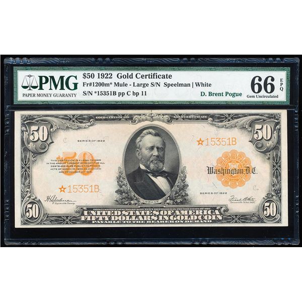 Finest Known 1922 $50 Gold Certificate STAR Note Fr.1200m* PMG Gem Uncirculated 66EPQ