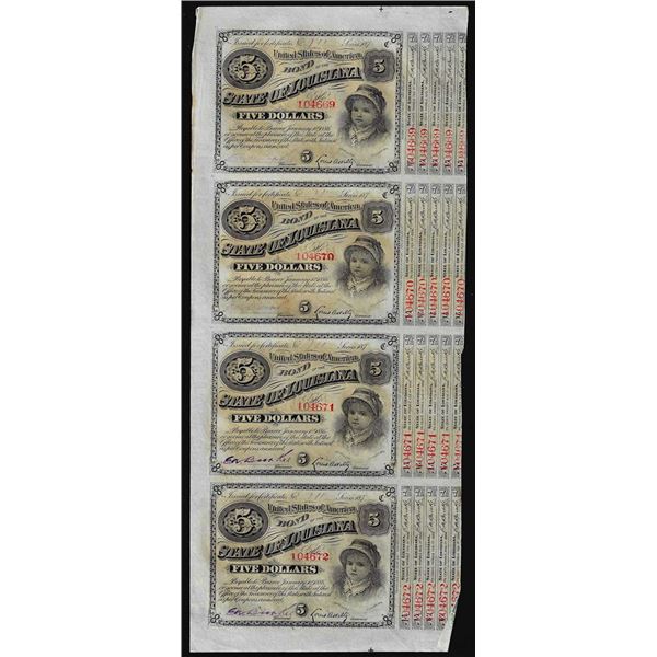 Uncut Sheet of (4) State of Louisiana Baby Bond Obsolete Notes