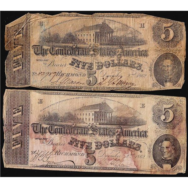 Lot of (2) 1862 $5 Confederate States of America Notes