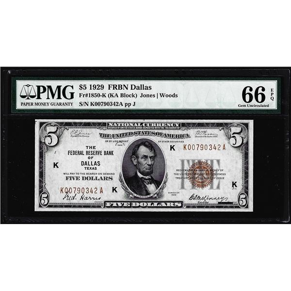 1929 $5 Federal Reserve Bank Note Dallas Fr.1850-K PMG Gem Uncirculated 66EPQ