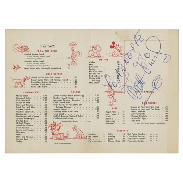 Walt Disney Signed Disney Studio Restaurant Menu.