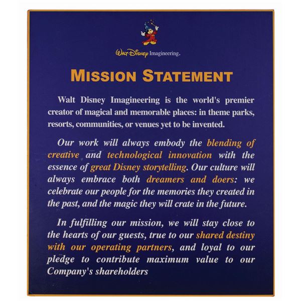 WED Imagineering Mission Statement Sign.